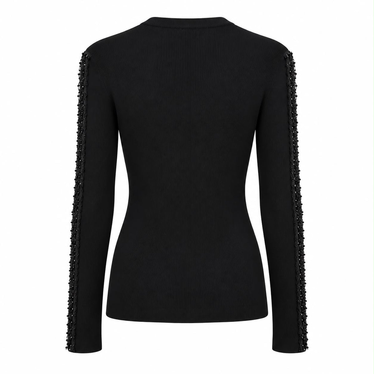 VALENTINO - TOP BLACK RIBBED KNIT LONG-SLEEVE WITH SHEER BEADED SHOULDER & SLEEVE DETAILS SIZE S