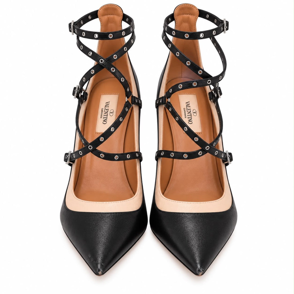 VALENTINO - PUMPS ROCKSTUD CAGED LEATHER BLACK & BEIGE SIZE 37,5 EU