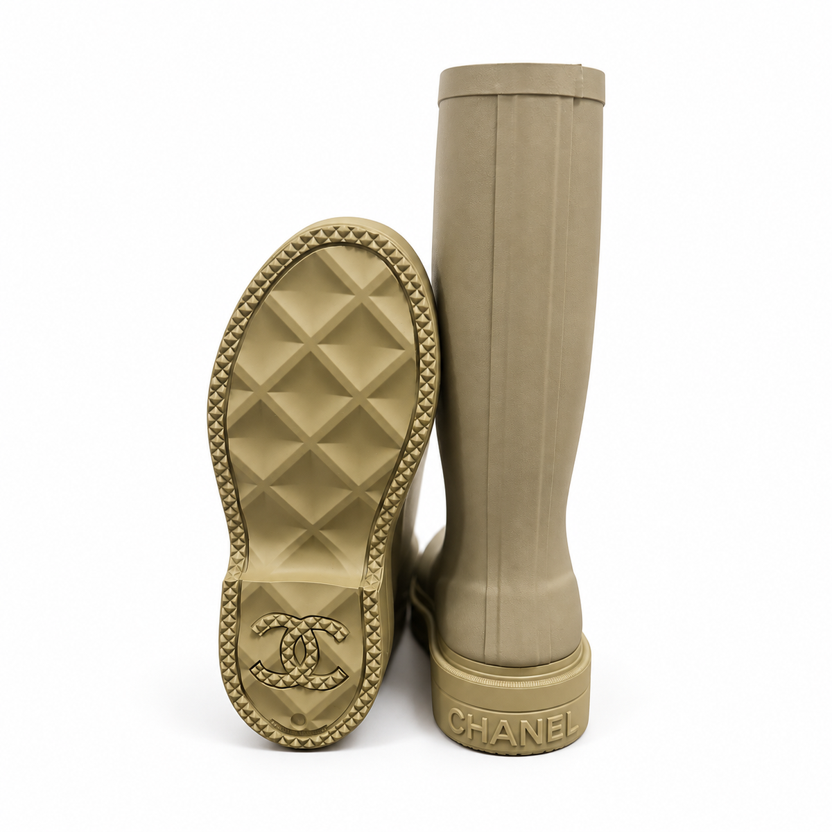 CHANEL - *NEW* HIGH RAINING BOOTS KHAKI WITH CC LOGO SIZE 36 EU