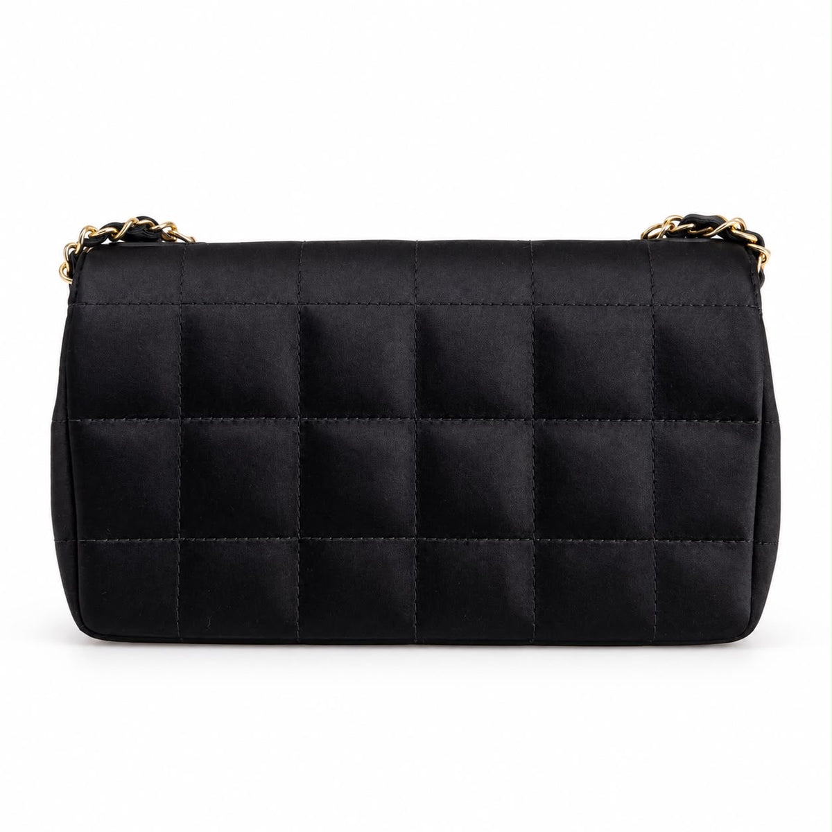 CHANEL - SMALL BAG BLACK SATIN CHOCOLATE BAR QUILTED FLAP WITH GOLD-TONE HARDWARE