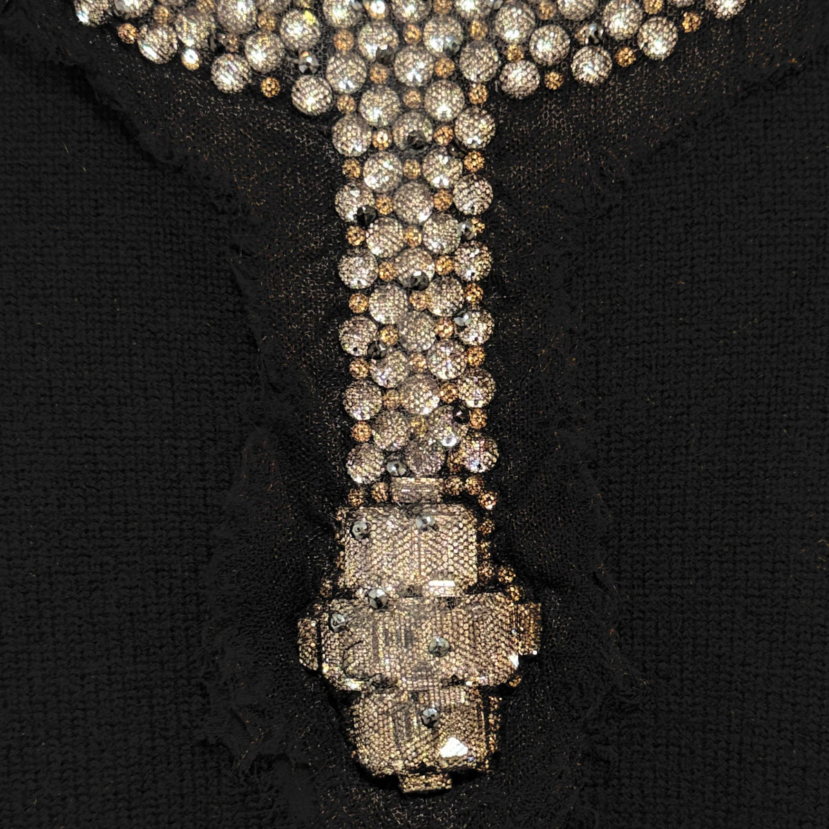 CHANEL - SWEATER BLACK CASHMERE WITH JEWELLED NECKLINE AND SHEER MESH DETAILING SIZE 34 FR