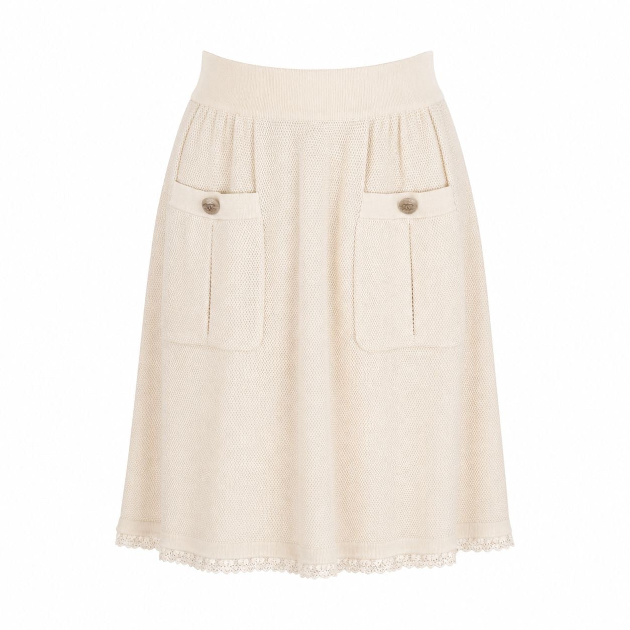 CHANEL - SKIRT ECRU COTTON QITH FRONT POCKETS AND LOGO BUTTONS SIZE 38 FR