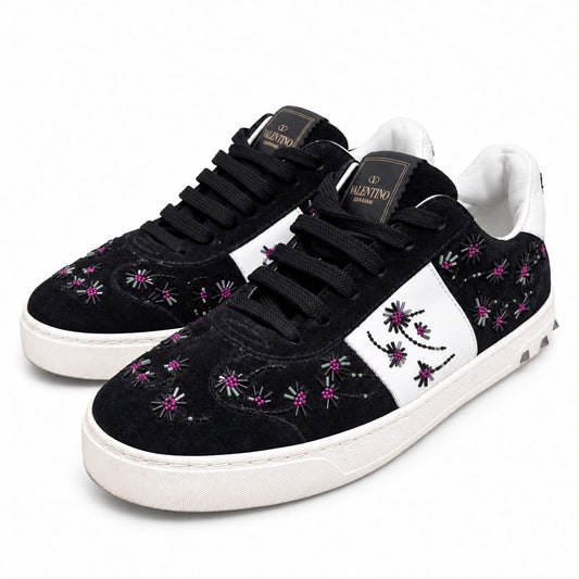 VALENTINO - SNEAKERS LOW FLYCREW BLACK SUEDE EITH FLORAL BEADE EMBROIDERY SIZE 37 EU
