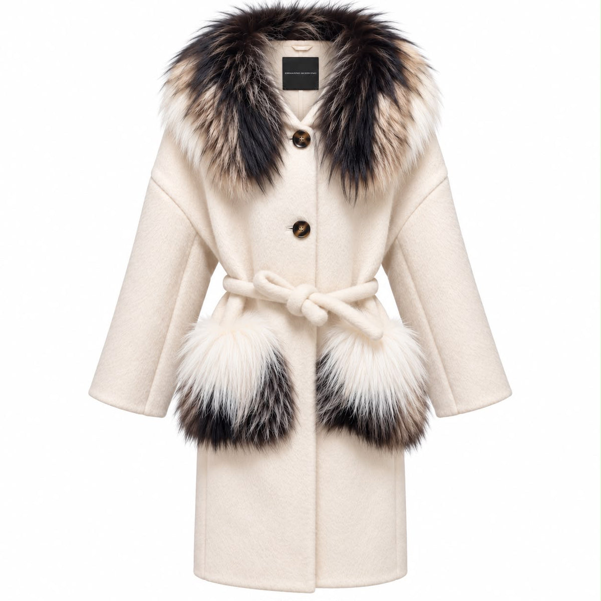 ERMANNO SCERVINO - COAT IVORY ALPACA & VIRGIN WOOL WITH MULTICOLOR FUR COLLAR AND POCKETS SIZE 40 IT