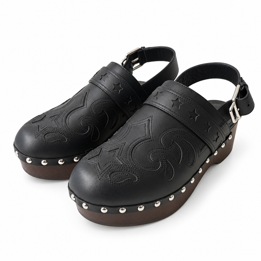 HERMÈS - SHOES CLOGS HIPPIE BLACK LEATHER WITH ASTROLOGIE BANDANA EMBROIDERY & WOODEN SOLES SIZE 38 EU