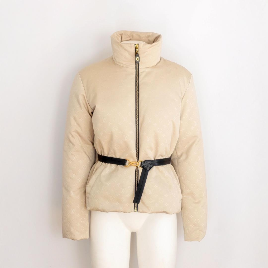 LOUIS VUITTON - BEIGE MONOGRAM PUFFER JACKET WITH BLACK LEATHER BELT SIZE 36 FR