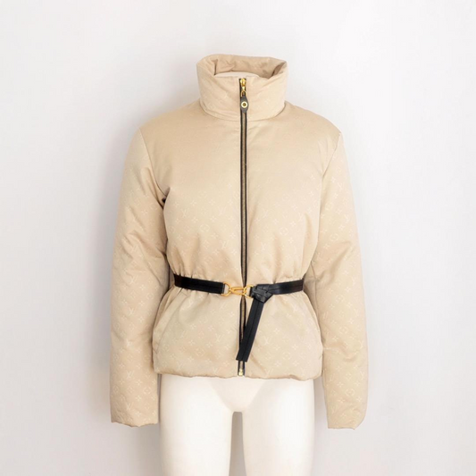 LOUIS VUITTON - BEIGE MONOGRAM PUFFER JACKET WITH BLACK LEATHER BELT SIZE 36 FR