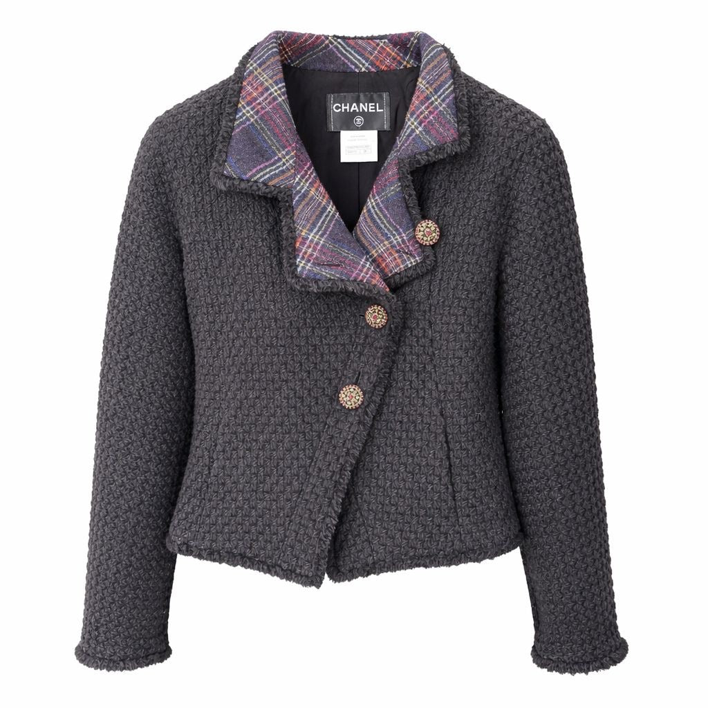 CHANEL - JACKET TWEED BLUE PARIS EDINBURG WITH TARTAN DETAIL SIZE 36 FR