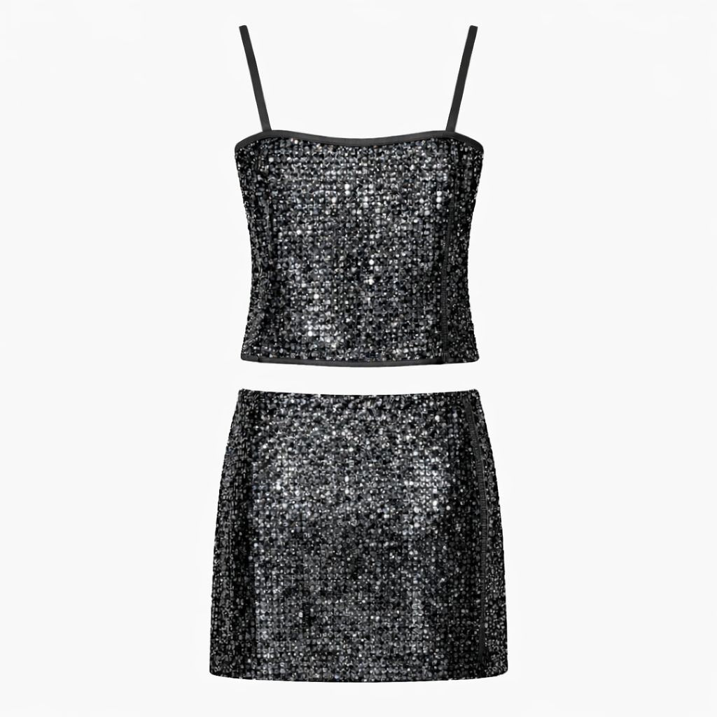 SAINT LAURENT - VINTAGE SET TOP & SKIRT SEQUINED BLACK SIZE 36/38 FR