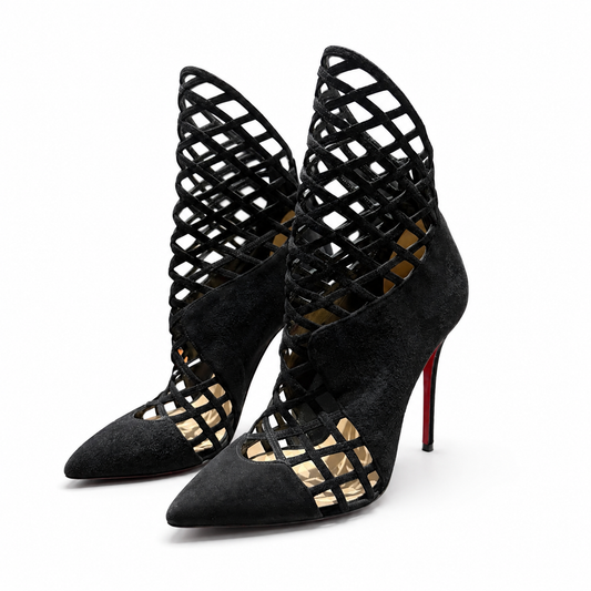 LOUBOUTIN - HIGH ANKLE BOOTS MRS BOUGLIONE BLACK SUEDE CAGE SIZE 36 EU