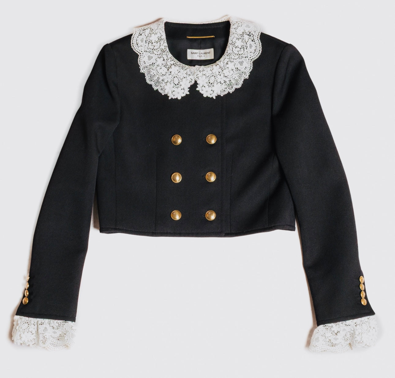 SAINT LAURENT - JACKET CROPPED DOUBLE-BREASTED WOOL BLACK WHITE LACE TRIM SIZE 38 FR