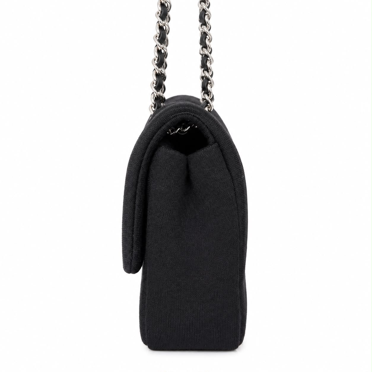 CHANEL - *NEVER USED* BAG MINI FLAP JERSEY VERTICAL QUILTED BLACK WITH SILVER HARDWARE