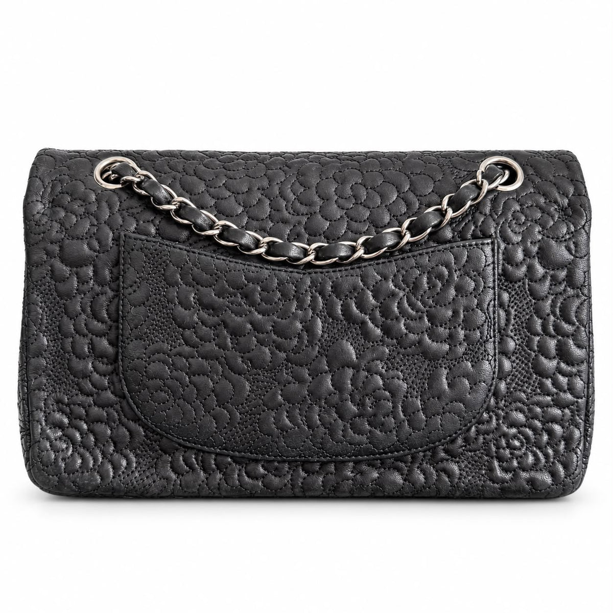 CHANEL - BAG TIMELESS CLASSIC FLAP BLACK CAMELLIA QUILTED LEATHER WITH SILVER TONE HARDWARE