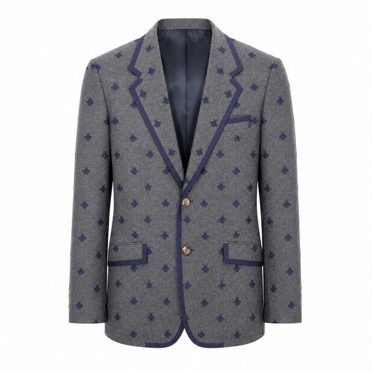 GUCCI - BLAZER GREY WITH NAVY BLUE BEE MOTIF & CONTRASTING TRIM SIZE 50