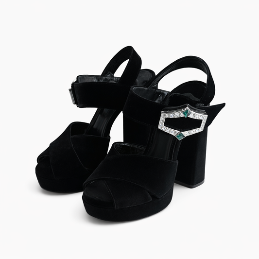 PRADA - SANDALS BLACK VELVET WITH JEWEL BUCKLE SIZE 37,5 EU