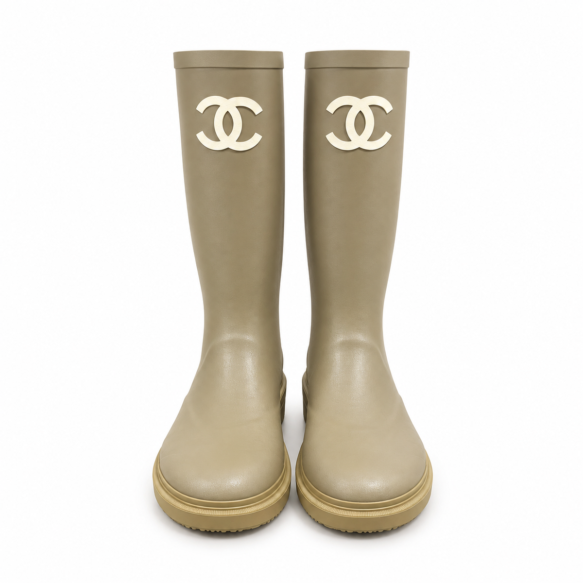 CHANEL - *NEW* HIGH RAINING BOOTS KHAKI WITH CC LOGO SIZE 36 EU