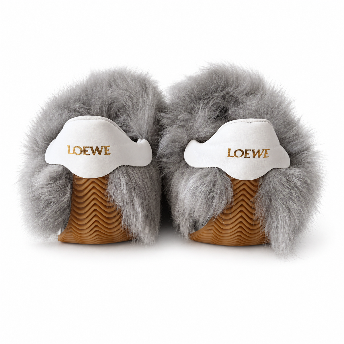 LOEWE - *NEW* SNEAKERS FLOW RUNNER GREY FAUX FUR SLIP-ON WITH WHITE LEATHER DETAILS SIZE 37 EU