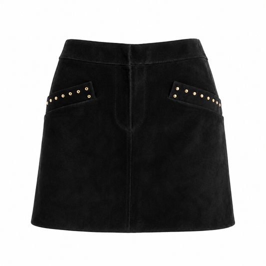 SAINT LAURENT - SKIRT MINI SUÈDE LEATHER STUDDED BLACK SIZE 38 FR