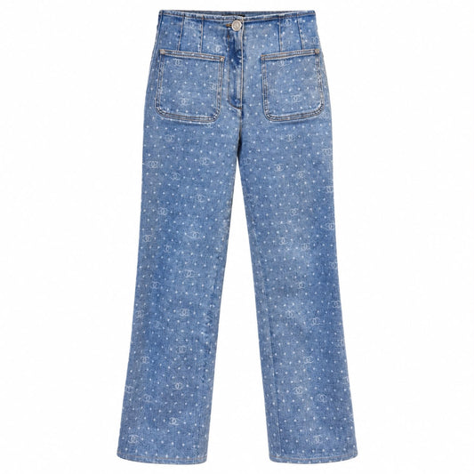CHANEL - JEANS DENIM BLUE WITH CC LOGO AND POLKA DOT PRINT SIZE 36 FR