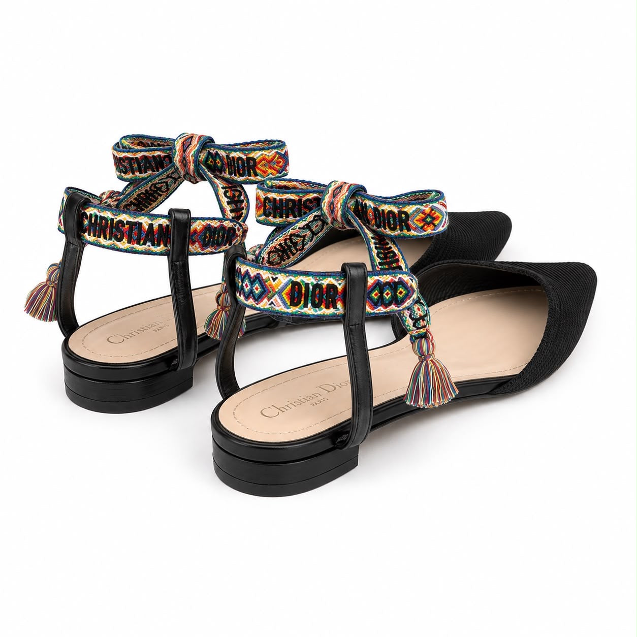 DIOR - FLAT SHOES BLACK WITH MULTICOLOR ANKLE TIES SIZE 37,5 EU