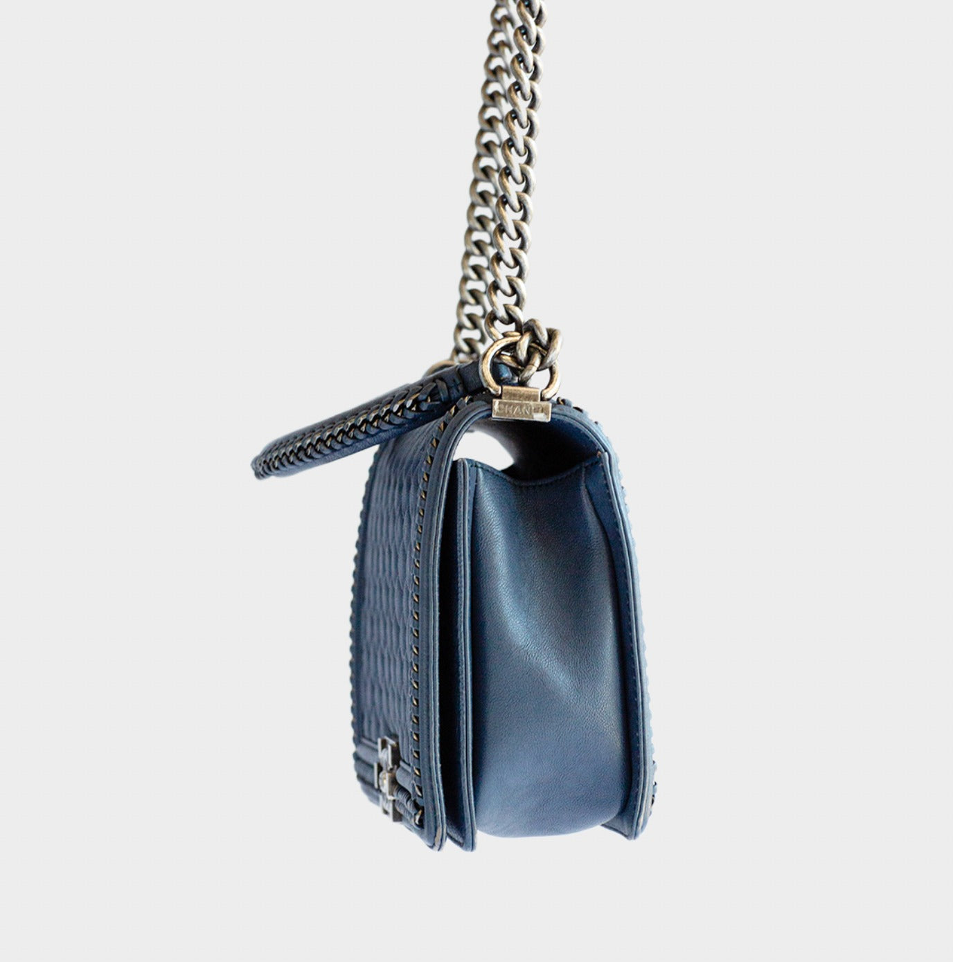 CHANEL - BAG BOY LARGE NAVY BLUE WITH RUTHENIUM CHAIN