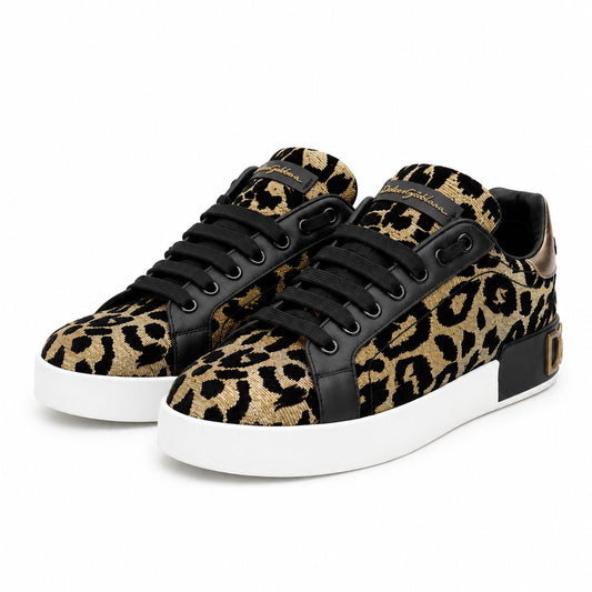 DOLCE & GABBANA - SNEAKERS LEOPARD PRINT LUREX LOW BLACK GOLD SIZE 40 EU