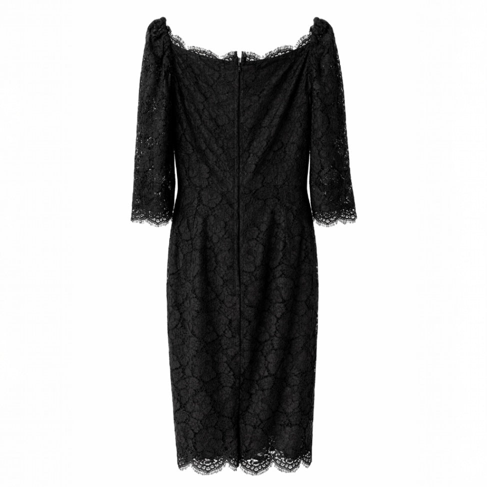 DOLCE & GABBANA - DRESS MIDI BLACK LACE EMBROIDERED PURPLE FLOWERS SIZE 48 IT