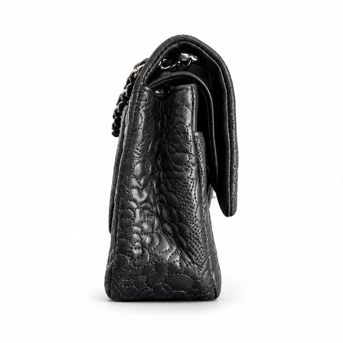 CHANEL - BAG TIMELESS CLASSIC FLAP BLACK CAMELLIA QUILTED LEATHER WITH SILVER TONE HARDWARE