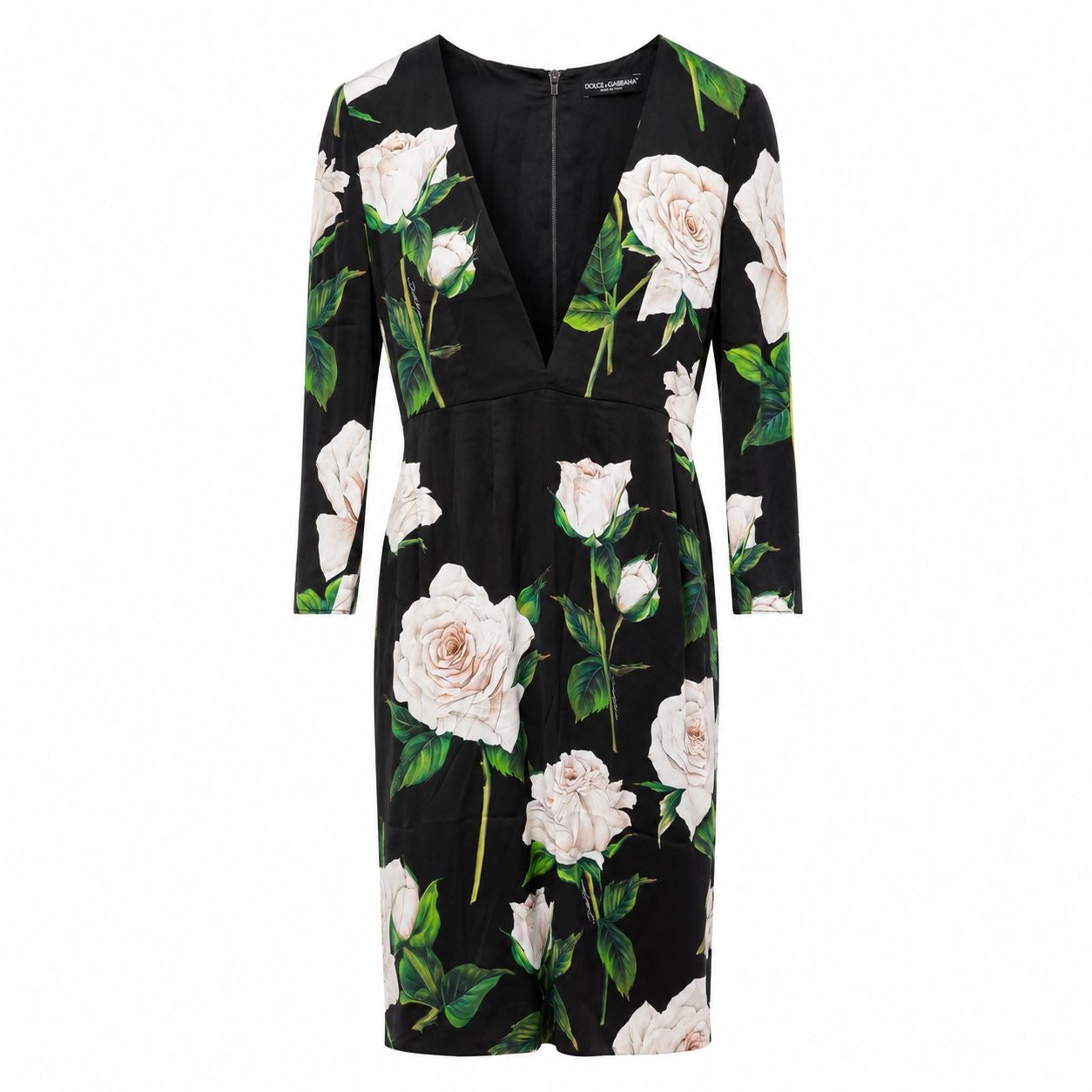 DOLCE & GABBANA - DRESS MIDI BLACK SILK WITH WHITE ROSES SIZE 42 IT