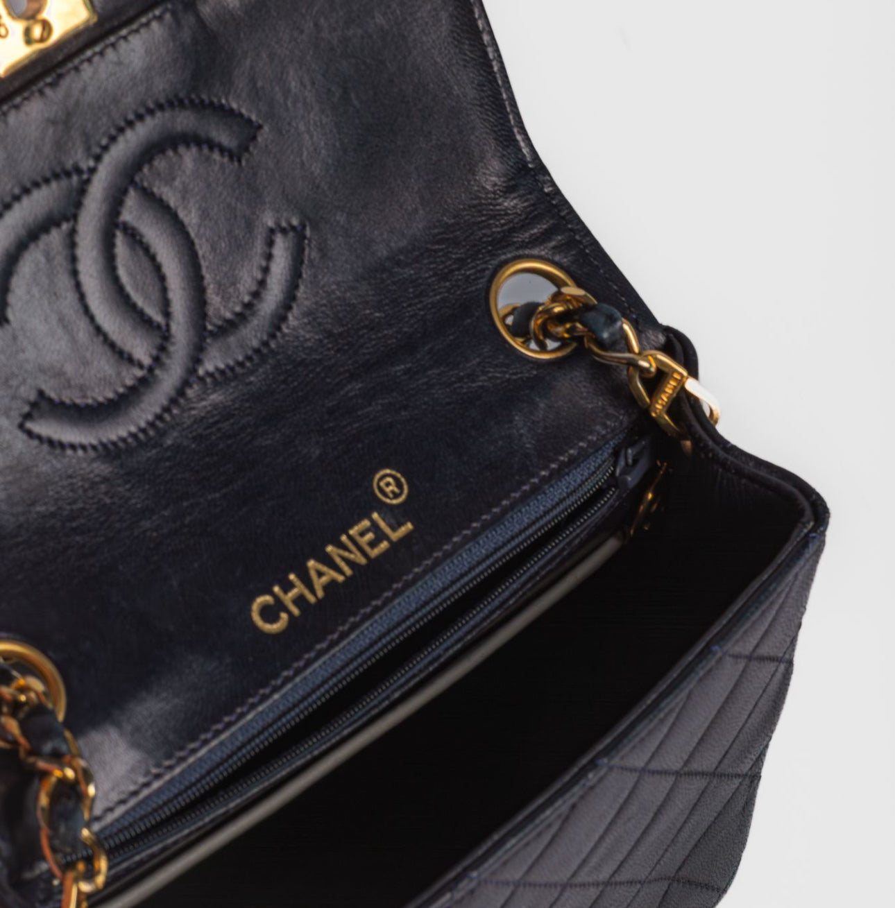 CHANEL - BAG MINI TIMELESS LEATHER NAVY BLUE WHITE TRIM