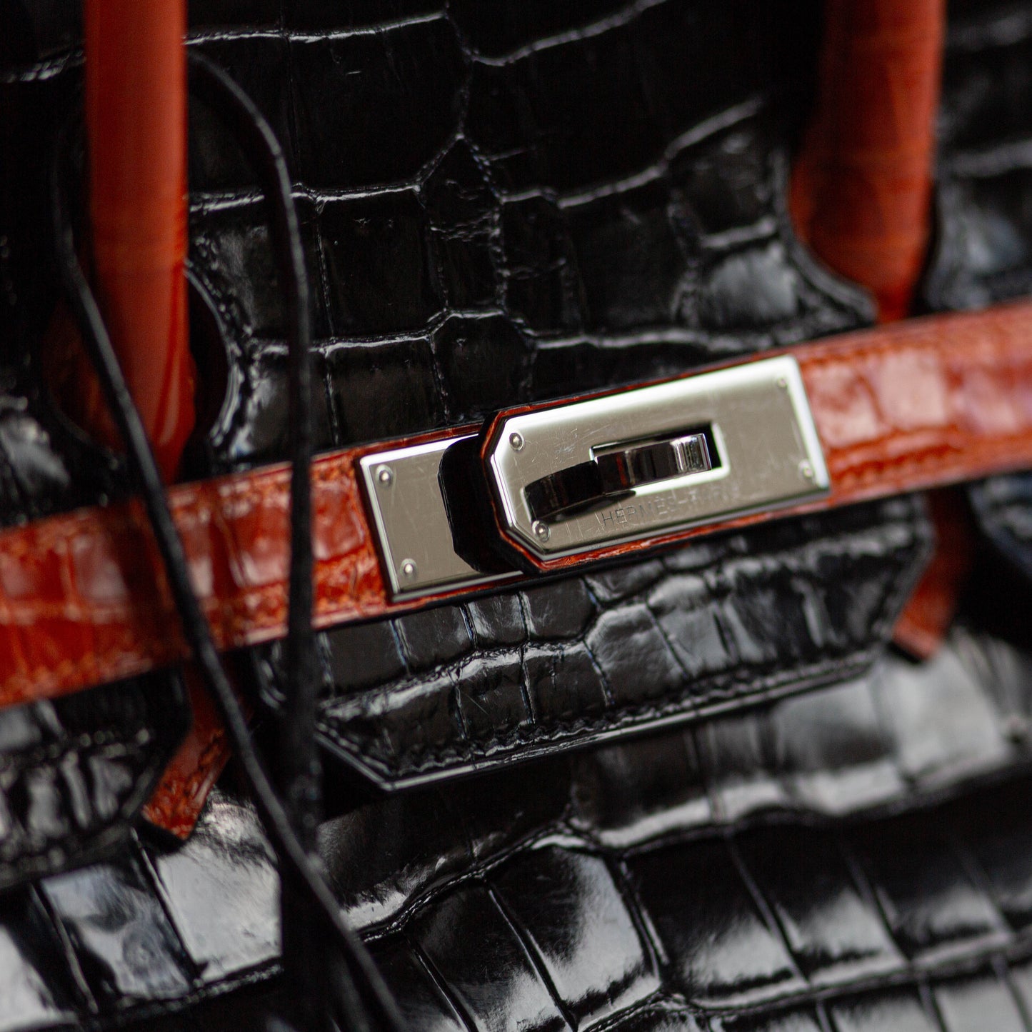 HERMÈS - BIRKIN 35 LIMITED EDITION HANDBAG IN BLACK AND ORANGE SHINY POROSUS CROCODILE WITH RUTHENIUM HARDWARE