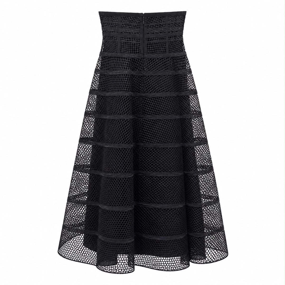CHRISTIAN DIOR – SKIRT MIDI BLACK OPENWORK MESH HIGH-WAISTED WITH SILK UNDERSKIRT SIZE 36 FR
