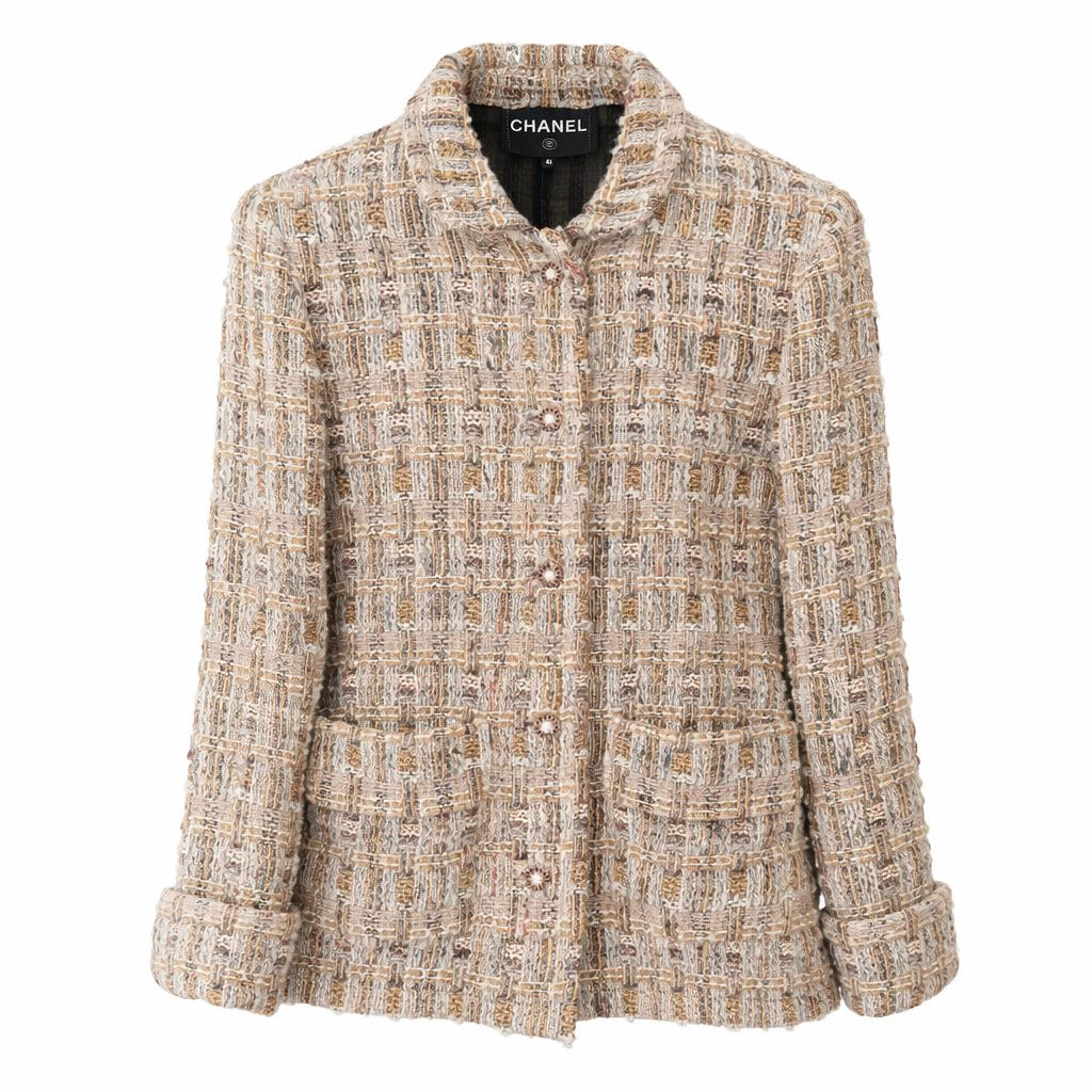 CHANEL - JACKET TWEED BEIGE & LIGHT BROWN WITH PEARL-EMBELLISHED BUTTONS SIZE 40 FR