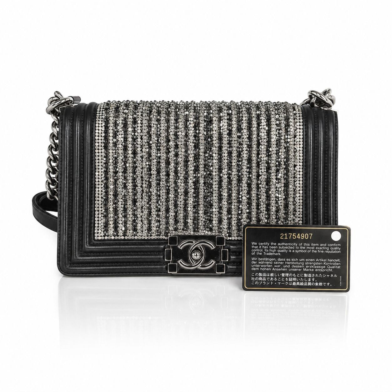 CHANEL - BAG BOY MEDIUM BLACK METALLIC LAMBSKIN WITH GLASS PEARL EMBROIDERY