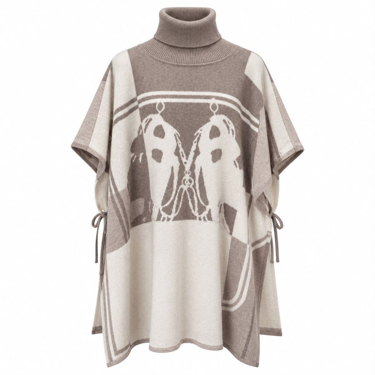 HERMÈS – PONCHO CASHMERE EQUESTRIAN JACQUARD TURTLENECK IN TAUPE & IVORY SIZE U