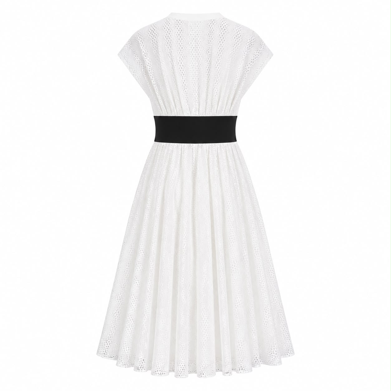 ALAÏA - DRESS MIDI CIRCLE EYELET WHITE WITH BLACK BELT SIZE 36 FR