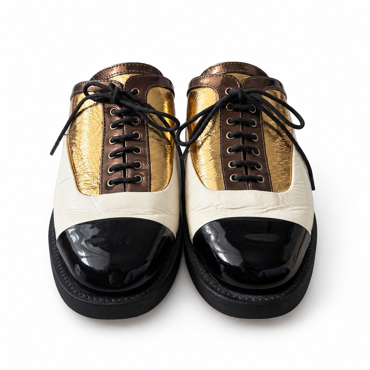 CHANEL - MULES LACE-UP MULTICOLOR METALLIC LEATHER WITH BLACK PATENT CAP TOE SIZE 36,5 EU