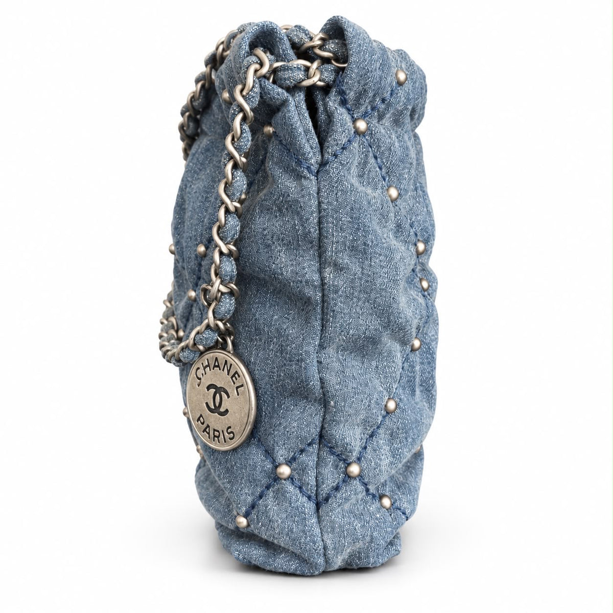 CHANEL – BAG MINI CHANEL 22 QUILTED BLUE DENIM WITH STUDS & SILVER-TONE HARDWARE