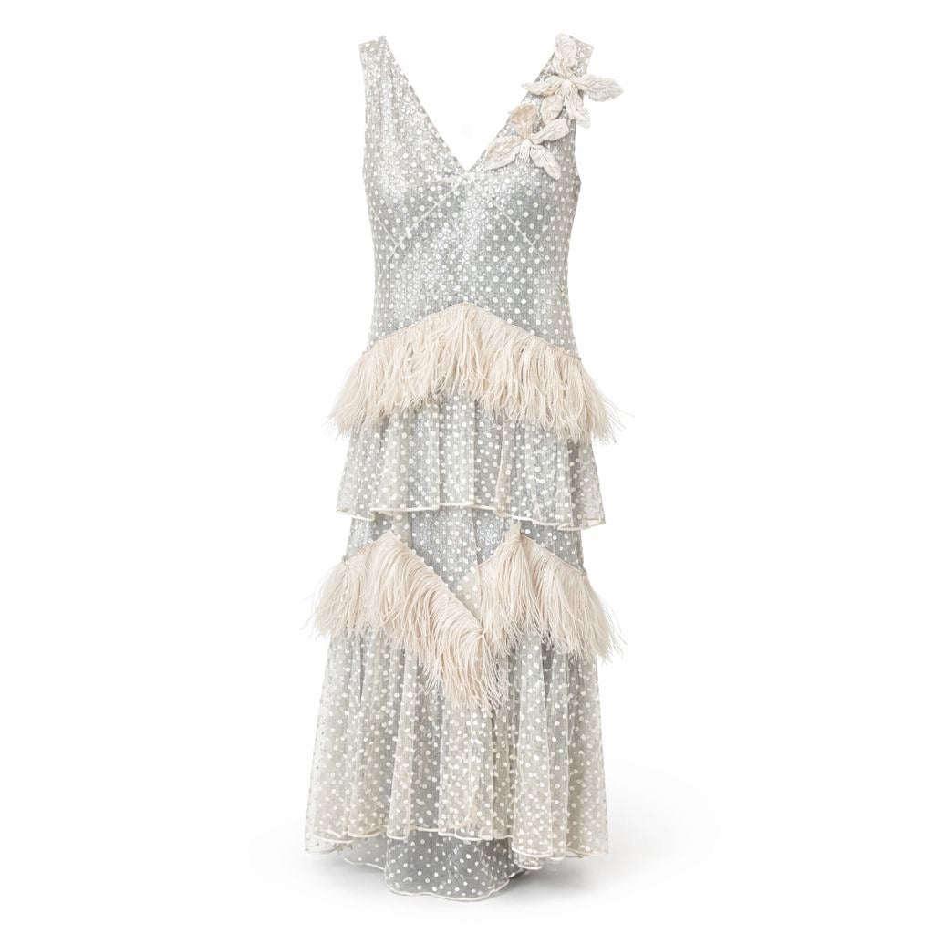 ERDEM - LONG DRESS ECRU LACE POLKA DOTS SEQUINS AND FEATHER SIZE 46 IT