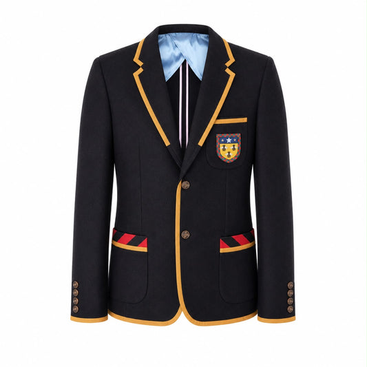 GUCCI - BLAZER NAVY BLUE WOOL & CASHMERE WITH YELLOW TRIM & EMBROIDERED BEE CREST SIZE 50 IT