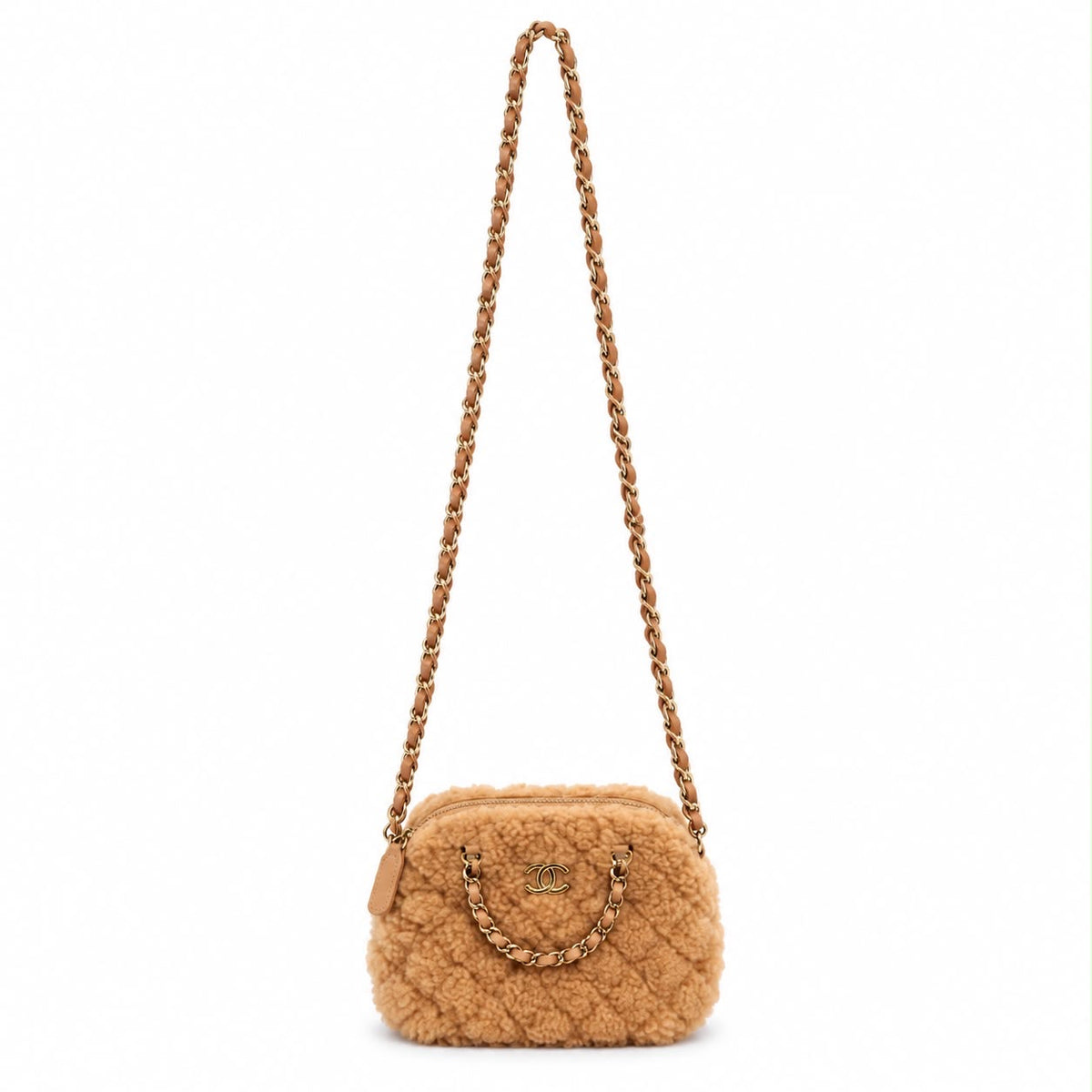 CHANEL - *NEVER WORN* BAG SMALL COCO CROSSBODY LIGHT BROWN SHEARLING WITH LIGHT GOLD TONE HARDWARE
