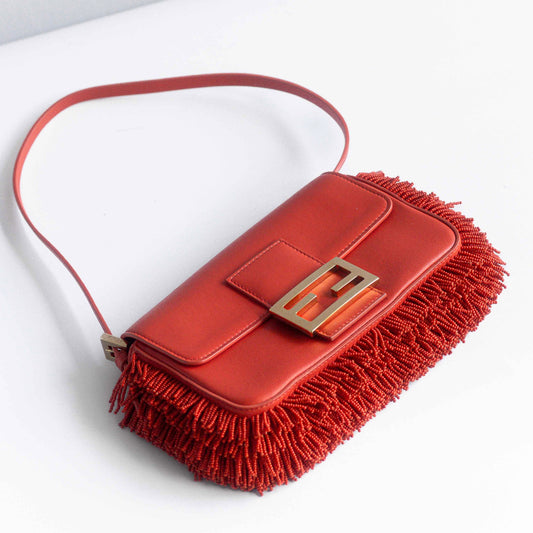 FENDI - BAG BAGUETTE SMALL RED NAPPA LEATHER PEARL EMBROIDERY