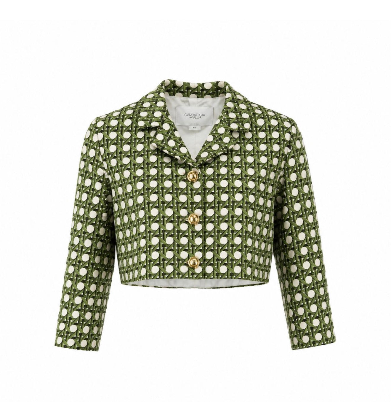 GIAMBATTISTA VALLI - JACKET CROPPED TREILLAGE PRINT GREEN & WHITE SIZE 42 IT