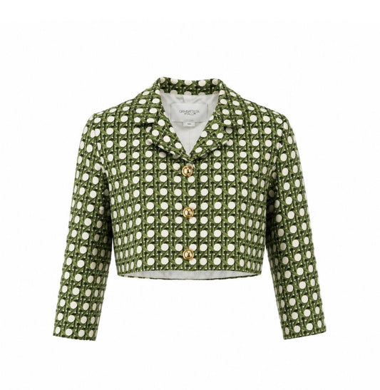GIAMBATTISTA VALLI - JACKET CROPPED TREILLAGE PRINT GREEN & WHITE SIZE 42 IT