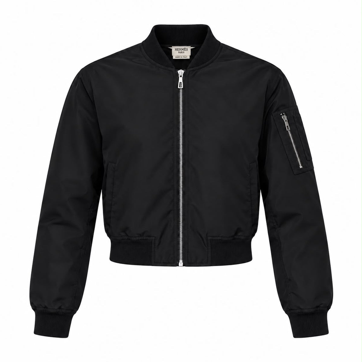 HERMÈS - JACKET BOMBER BLACK WITH FRONT ZIP & SLEEVE POCKET SIZE 34 FR