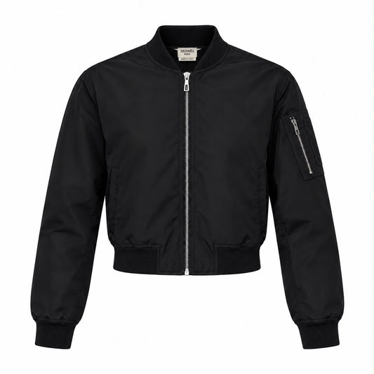 HERMÈS - JACKET BOMBER BLACK WITH FRONT ZIP & SLEEVE POCKET SIZE 34 FR