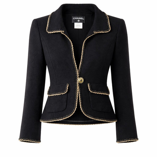 CHANEL - JACKET TWEED BLACK WITH GOLD TRIM SIZE 34 FR