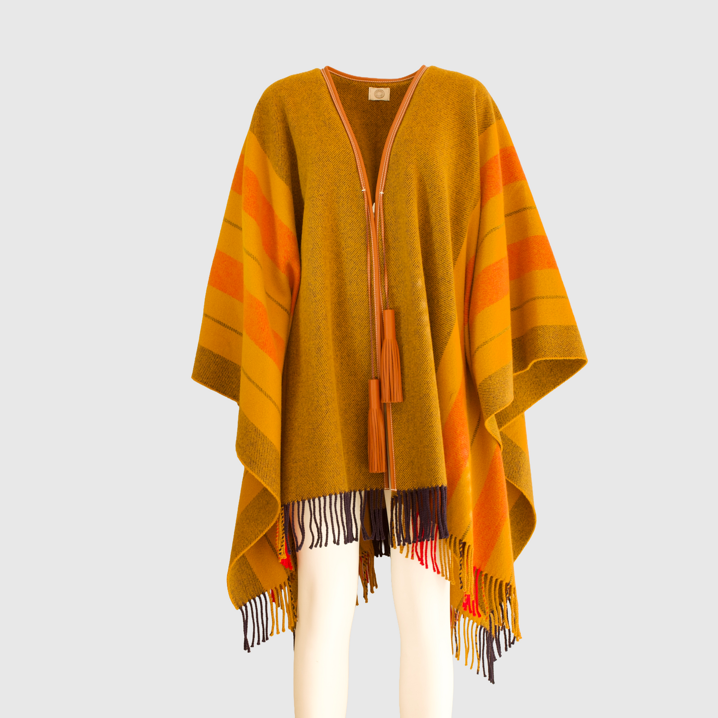 HERMÈS - PONCHO ROCOBAR WRAP ORANGE WITH LEATHER TRIM