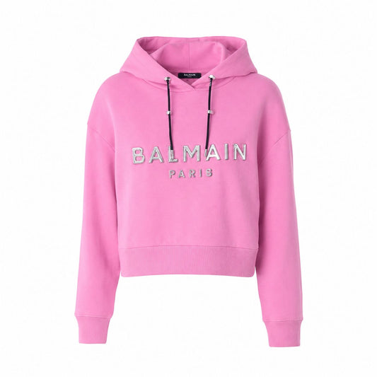 BALMAIN - HOODIE PINK COTTON WITH SILVER LOGO SIZE XS