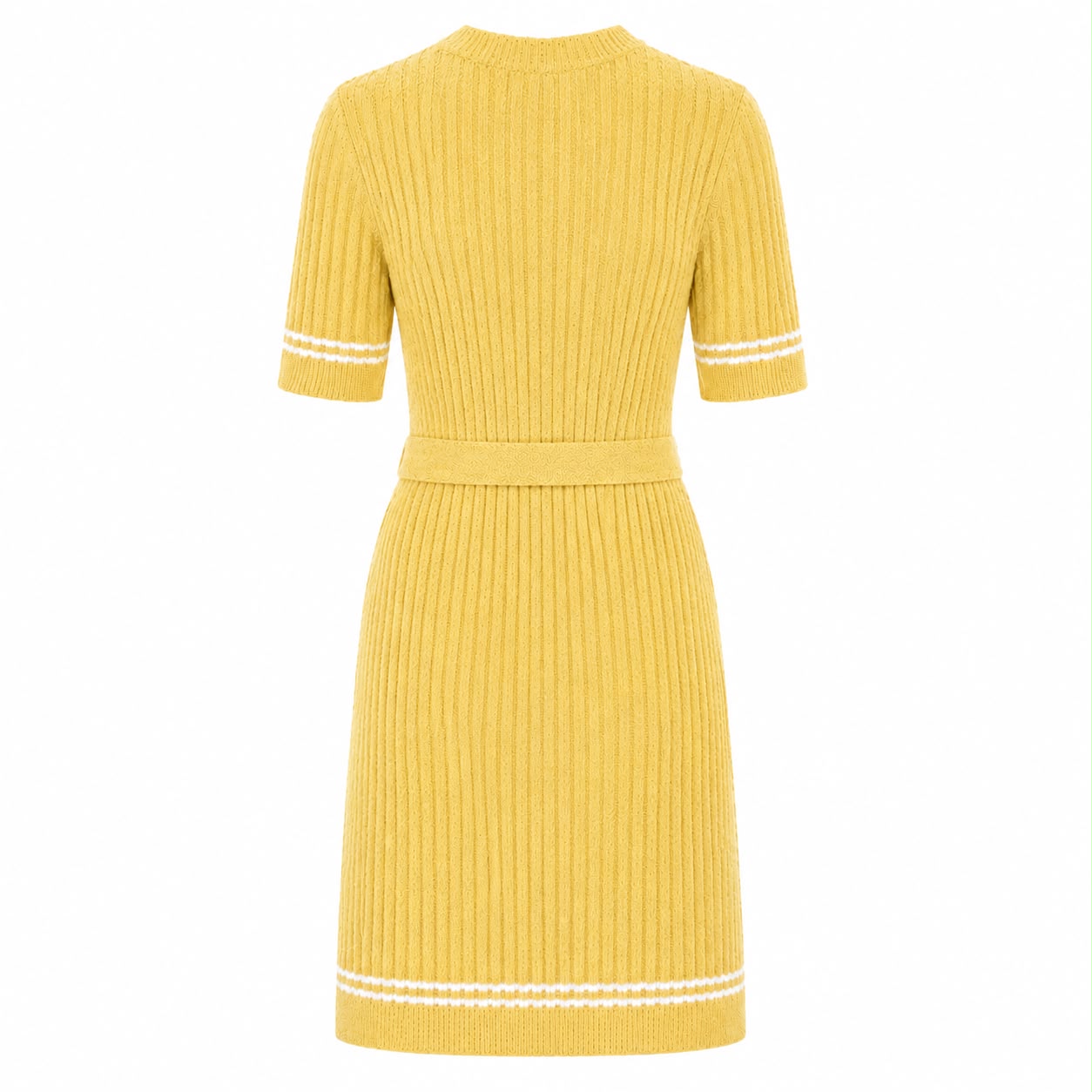 CHANEL - DRESS MIDI YELLOW & WHITE BELTED KNIT 22P SIZE 36 FR
